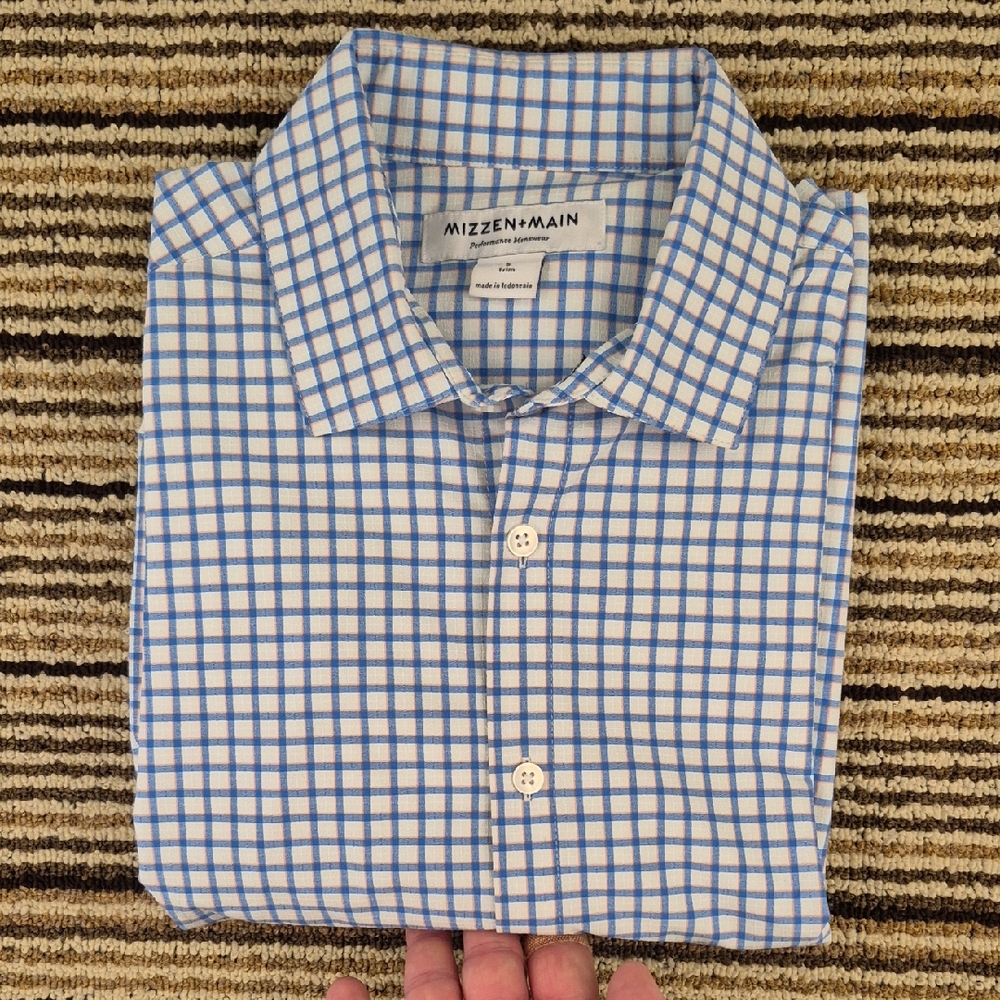 MIZZEN + MAIN Blue Orange White Plaid Performance Small‎ Trim Long Sleeve Shirt